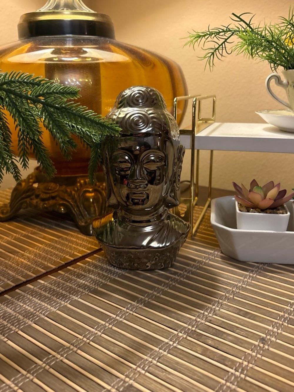 Ceramic Buddha Bust Statue in Metallic Silver